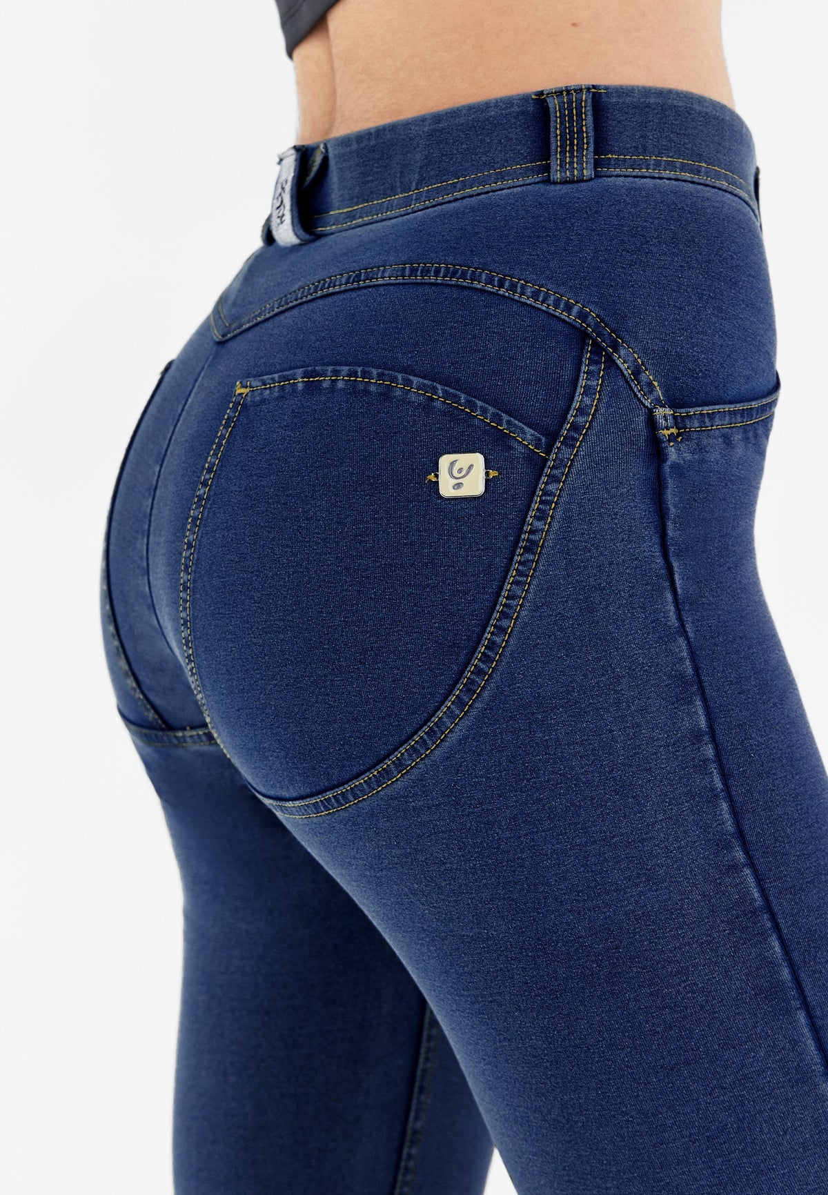 Freddy WR.UP® dark denim yellow stitch mid rise jeans – view 4