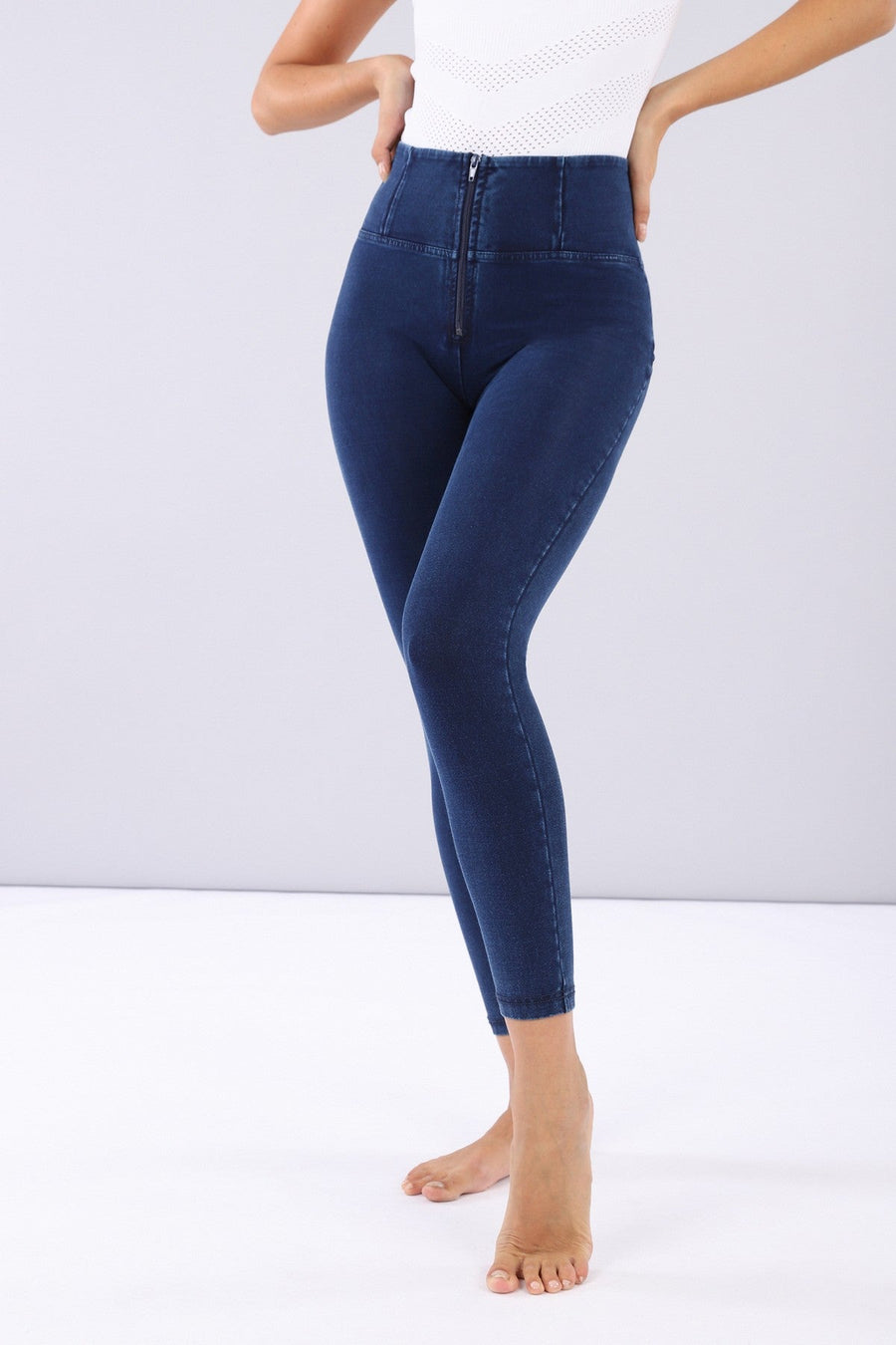 Dark Denim Blue Stitch High Waist Ankle Length